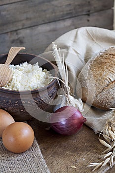 Freshly baked homemade bread on a wooden table.