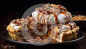 Freshly baked homemade chocolate dessert on a rustic wooden plate generated by AI