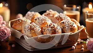 Freshly baked homemade muffin on rustic wooden table generated by AI