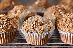 Freshly baked homemade muffins with a pecan crumble topping;