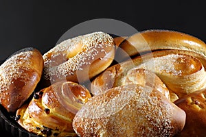 Freshly baked homemade pastries with sweet cream filling close-up