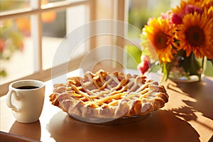 freshly baked homemade pie stands on the windowsill next to a cup of coffee, bouquet of wildflowers