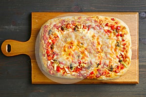 Freshly Baked Homemade Pizza Alla Pala on a Breadboard photo