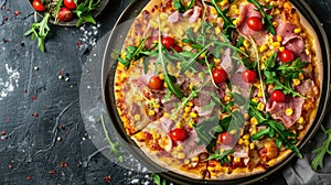 Freshly baked homemade pizza topped with ham, corn, and arugula on a wooden pizza board