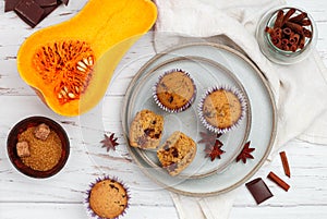 Freshly baked homemade pumpkin muffins with chocolate