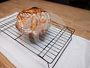 Freshly baked loaf of bread rests on wire cooling rack