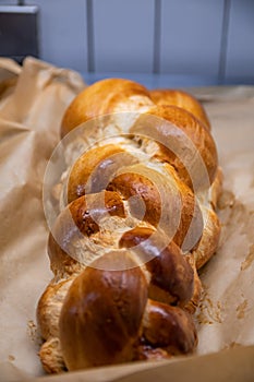 Freshly baked loaf of golden brown swiss zopf braided bread in a metal tray