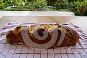 freshly baked loaf of rustic german German Braid bread called Zopf with beautiful brown crust