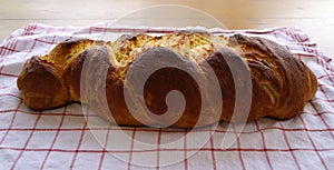 freshly baked loaf of rustic german German Braid bread called Zopf with beautiful brown crust