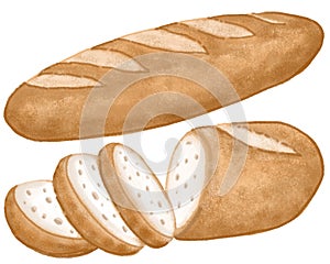 freshly baked loaf wheat baguette and Cutting baguette bread, Hand drawn pastel and chalk illustration