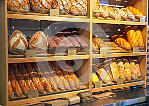 Freshly baked loaves of bread on a market stall