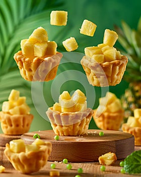 Freshly Baked Mini Tartlets Filled with Pineapple Toppings on a Wooden Board with Green Background