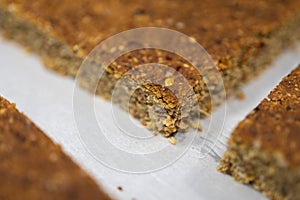 Freshly baked muesli bar close-up