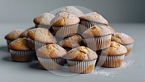 Freshly Baked Muffins Piled Together on a Light Gray Surface with Sugar Dusting on Top. photo