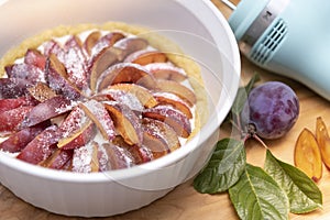 Freshly baked organic stone fruit purple plum pie