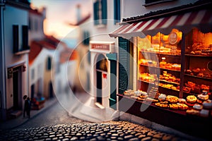 Freshly baked pastries and bread in bakery showcase. Street outdoor cafe. Miniature street