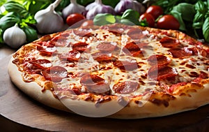 Freshly baked pepperoni pizza sliced on a wooden board, ai