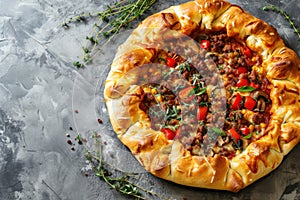 Freshly baked pizza with a golden crust, ready to be enjoyed in a homey setting.