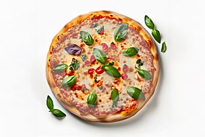 freshly baked pizza isolated on white background, top view