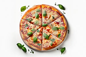 freshly baked pizza isolated on white background, top view