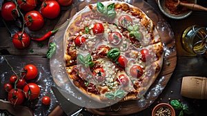 Freshly baked pizza with mozzarella, tomatoes and basil, shot from above on a dark wooden backdrop