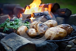 freshly baked potatoes on cool stones near spent campfire