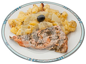 Freshly baked potatoes and salmon fish