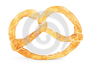 Freshly baked pretzel close-up, isolated on a white background