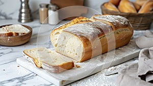 Freshly baked Pullman White Loaf bread on kitchen counter and some flour scattered. photo