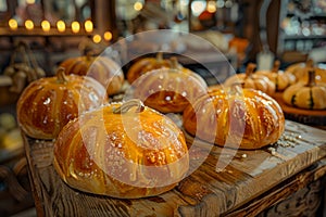 Freshly Baked Pumpkin Shaped Bread on Wooden Counter in Artisan Bakery, Festive Autumn Pastry Concept