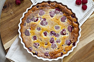 Freshly baked raspberry clafoutis