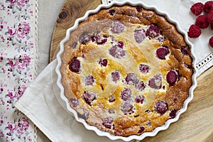 Freshly baked raspberry clafoutis