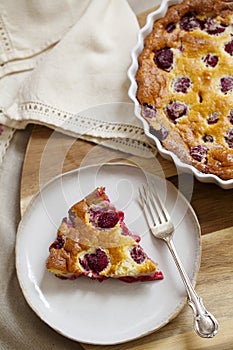 Freshly baked raspberry clafoutis