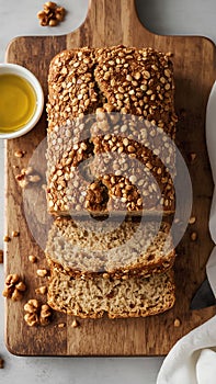 A freshly baked rectangular bread loaf made from flaxseed and walnuts