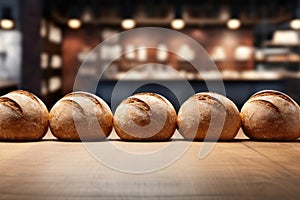 Freshly baked rye bread loaves neatly arranged on a table, set against a blurred backdrop of a store or a bakery. With