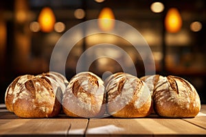 Freshly baked rye bread loaves neatly arranged on a table, set against blurred backdrop of a store or a bakery. With