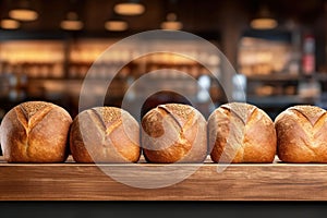 Freshly baked rye bread loaves neatly arranged on table, set against blurred backdrop of a store or a bakery. With copy