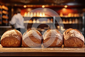 Freshly baked rye bread loaves neatly arranged on table, set against blurred backdrop of store or bakery. With copy