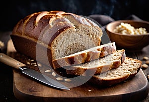 Freshly baked rye bread sits on wooden board, showcasing its golden-brown crispy crust adorned with sesame seeds. Warm photo