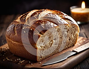 Freshly baked rye bread sits on wooden board, showcasing its golden-brown crispy crust adorned with sesame seeds. Warm photo