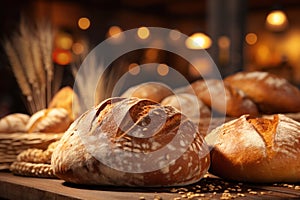 Freshly baked rye and wheat bread on a wooden table, surrounded by wheat and grains, in a cozy bakery setting. Close-up