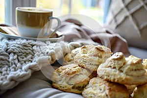 freshly baked scones, person with latte, soft cushioned window seat