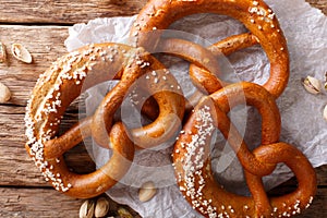 Freshly baked soft pretzel with generous sprinkling of coarse sa