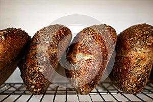 Freshly baked sour dough bread loafs left to cool down at the artesanal bakery. photo