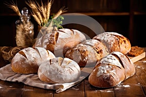 freshly baked sourdough bread loaves on a wooden table