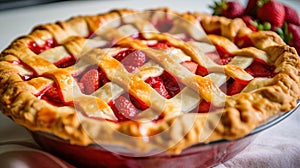 Freshly Baked Strawberry Pie With Lattice Crust on a Kitchen Counter