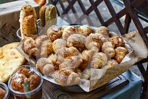 Freshly baked sweet buns or bread rolls at the market