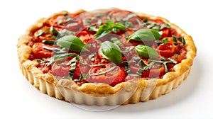 Freshly baked tomato tart garnished with basil on a white background, inviting a taste of savory cuisine