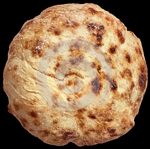 Freshly Baked Traditional, Aromatc Tender Leavened Pitta Flatbread Loaf Isolated On Black Background photo