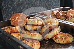 freshly baked traditional Central Asian tandoor flatbread non on counter in bakery. Traditional Uzbek bread in Tashkent